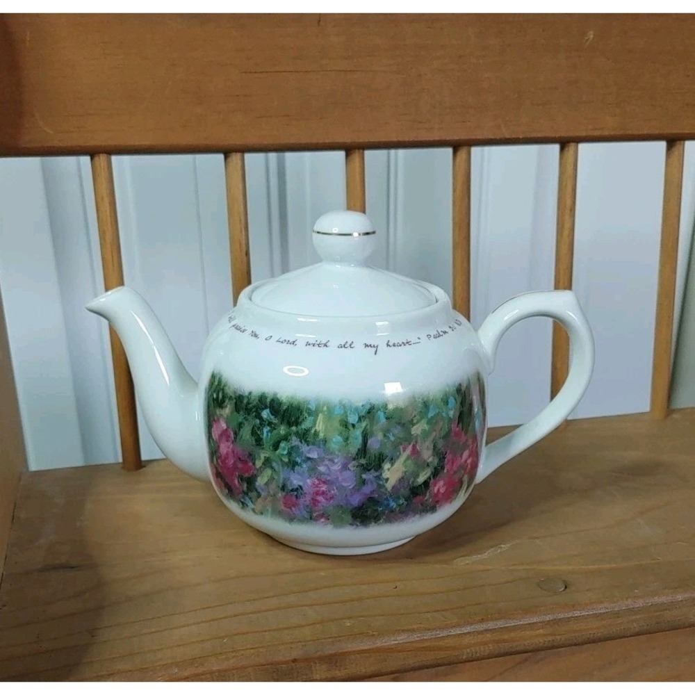 Vtg DaySpring Ceramic Teapot Siloam Spring Floral Psalm 9:1 I Will Praise You